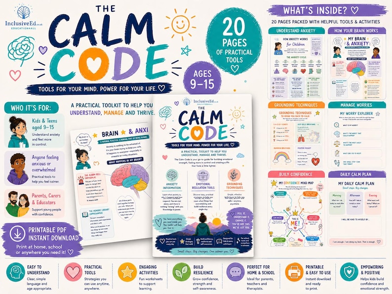 Calm Code coping skills, grounding and confidence activity previews