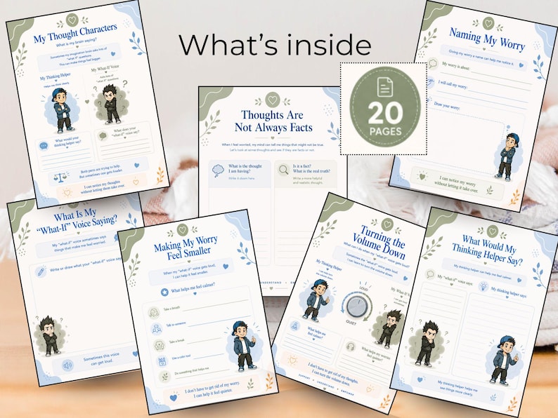 Twenty printable pages from the child worry and thoughts workbook