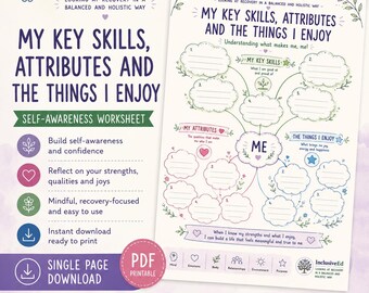 Self-Awareness Confidence and Self-Esteem| Strengths, Skills and Interests | Anxiety Recovery Printable PDF Worksheet preview
