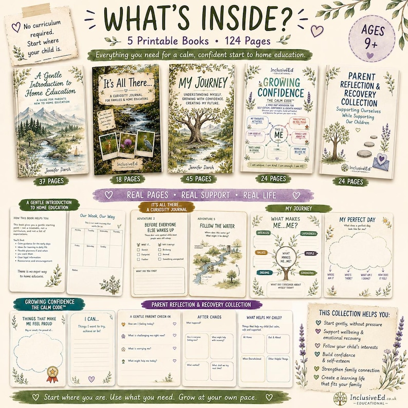 Five books and worksheet previews included in the Gentle Home Education Starter Pack