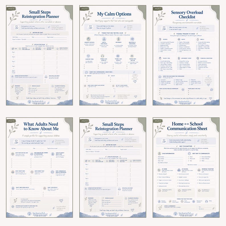 InclusiveEd School Anxiety and EBSA Support Toolkit showing six printable planner and support pages