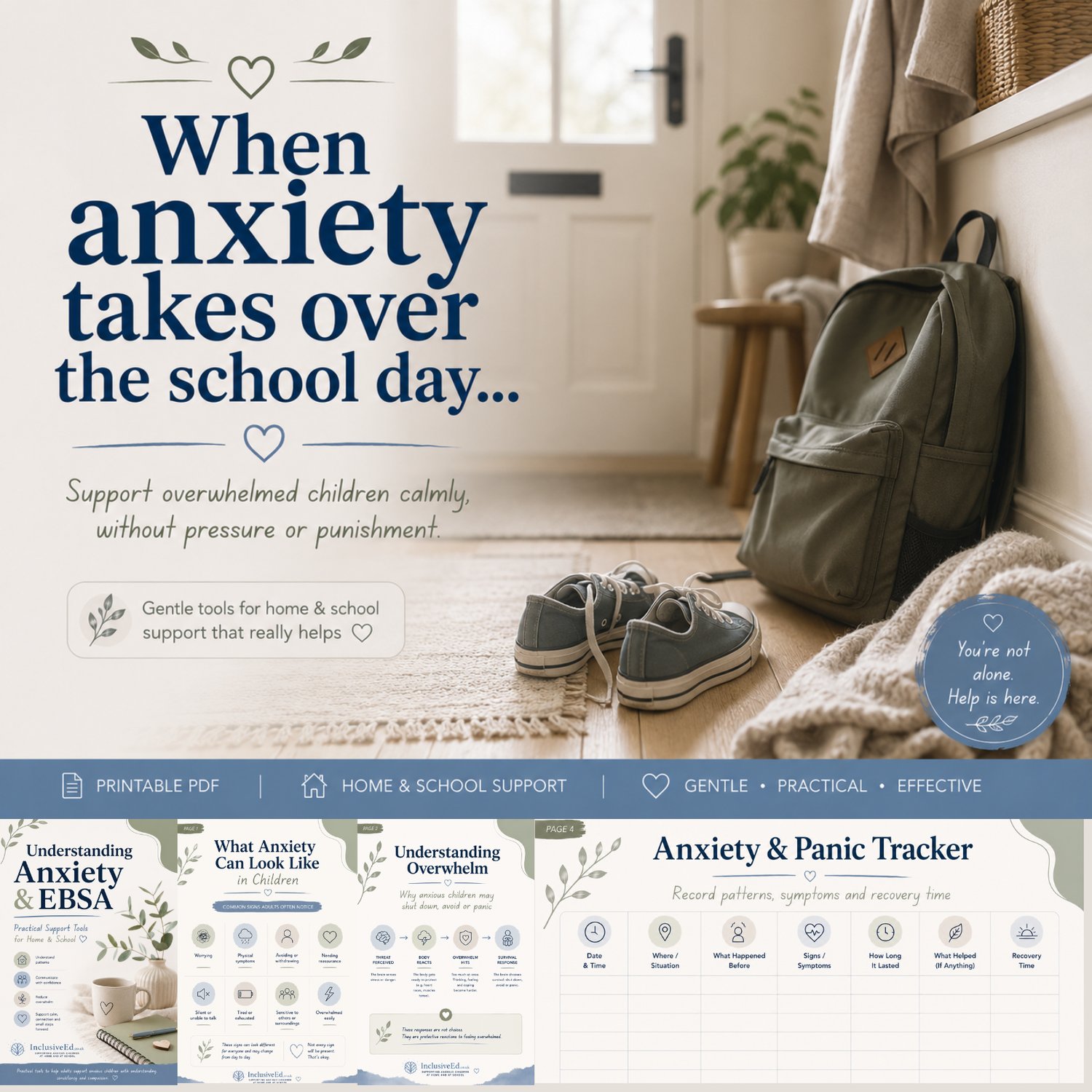 InclusiveEd School Anxiety and EBSA Support Toolkit preview showing school anxiety support pages and Anxiety and Panic Tracker