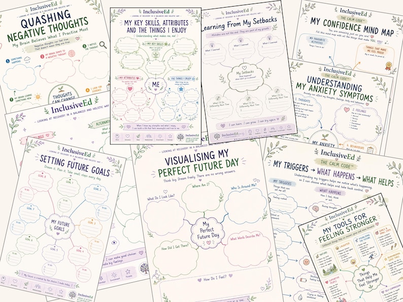 Recovery toolkit example mind maps for thoughts, strengths, setbacks and future goals
