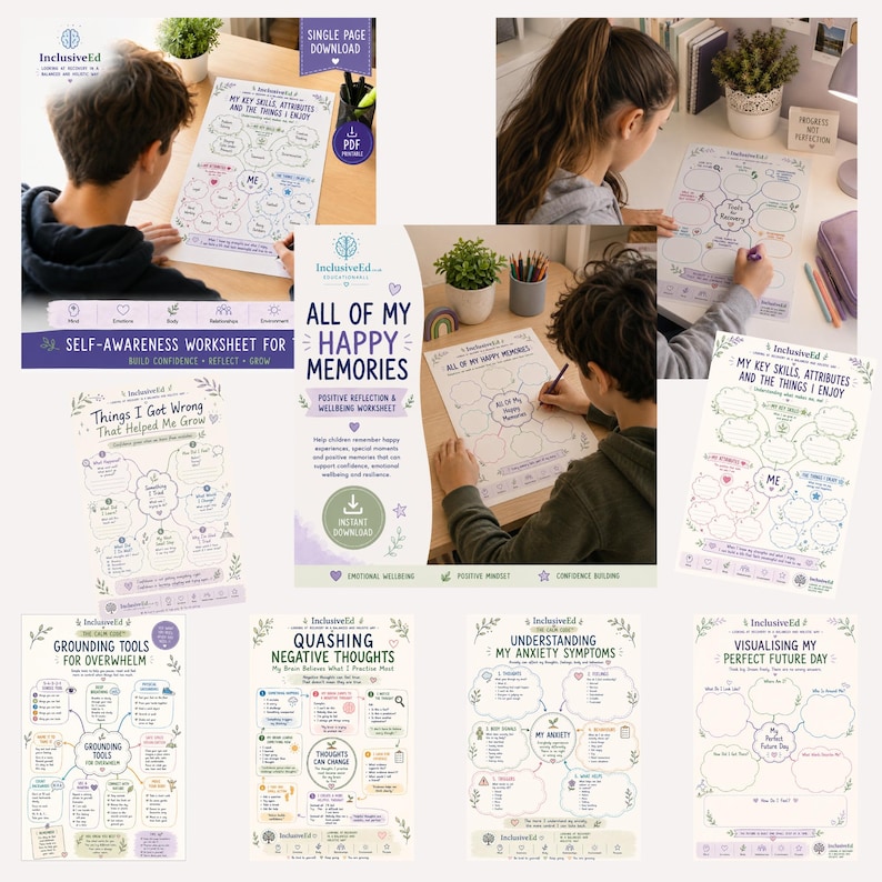 Teen emotional wellbeing bundle mind map and grounding worksheet previews