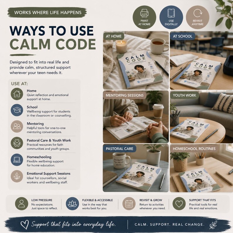 Ways to use Teen Calm Code at home, school and in mentoring sessions