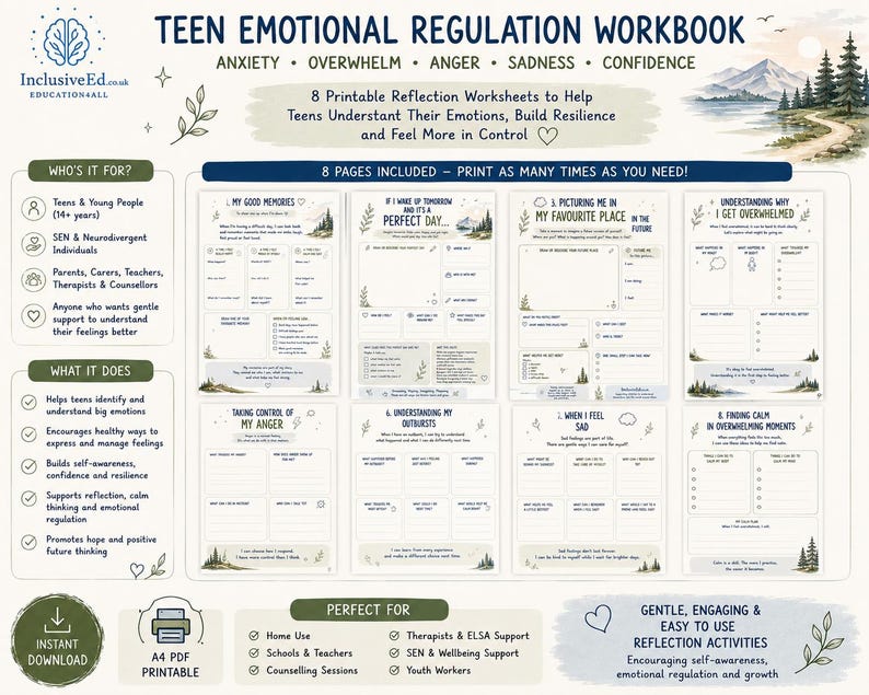 Eight printable reflection worksheets from the Teen Emotional Regulation Workbook