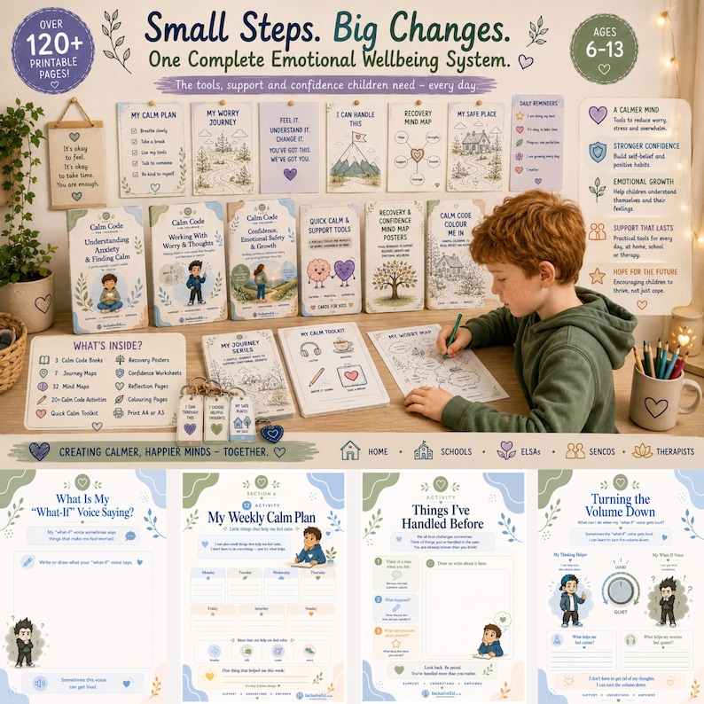 Child anxiety mega bundle contents and example reflection worksheets